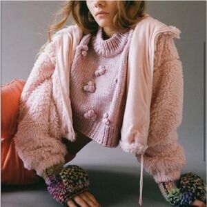 BDG Hooded Cropped Teddy Jacket in Pink
